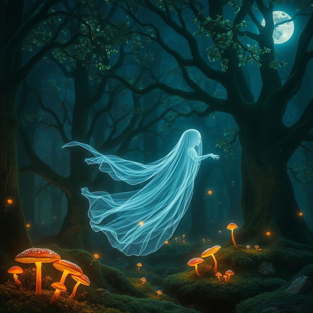 A mystical ghost floating through an ancient forest, ethereal wisps of light surrounding it