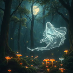 A mystical ghost floating through an ancient forest, ethereal wisps of light surrounding it
