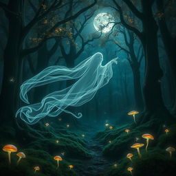 A mystical ghost floating through an ancient forest, ethereal wisps of light surrounding it