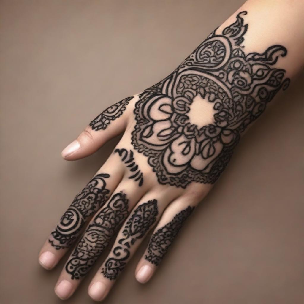 A high-resolution digital art piece showcasing an intricate Eid mehendi design