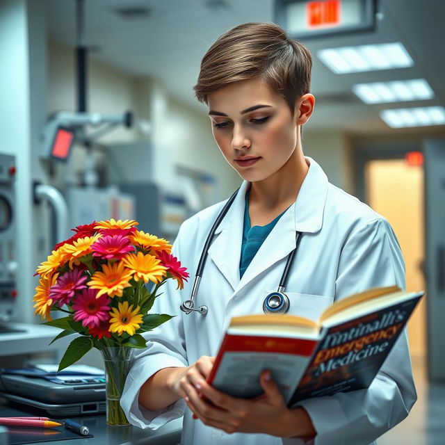 A young, attractive emergency medicine doctor in a busy emergency department, intently reading the "Tintinalli's Emergency Medicine" book