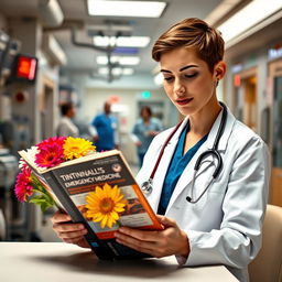 A young, attractive emergency medicine doctor in a busy emergency department, intently reading the "Tintinalli's Emergency Medicine" book