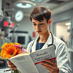 A young, attractive emergency medicine doctor in a busy emergency department, intently reading the "Tintinalli's Emergency Medicine" book