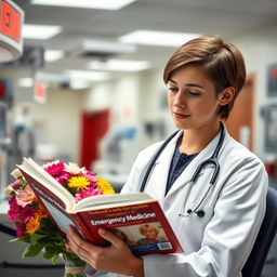 A young, attractive emergency medicine doctor in a busy emergency department, intently reading the "Tintinalli's Emergency Medicine" book