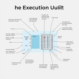 An informative diagram illustrating the contents of the execution unit in the 8086 microprocessor architecture, including detailed components such as the Arithmetic Logic Unit (ALU), register set, control signals, and data paths