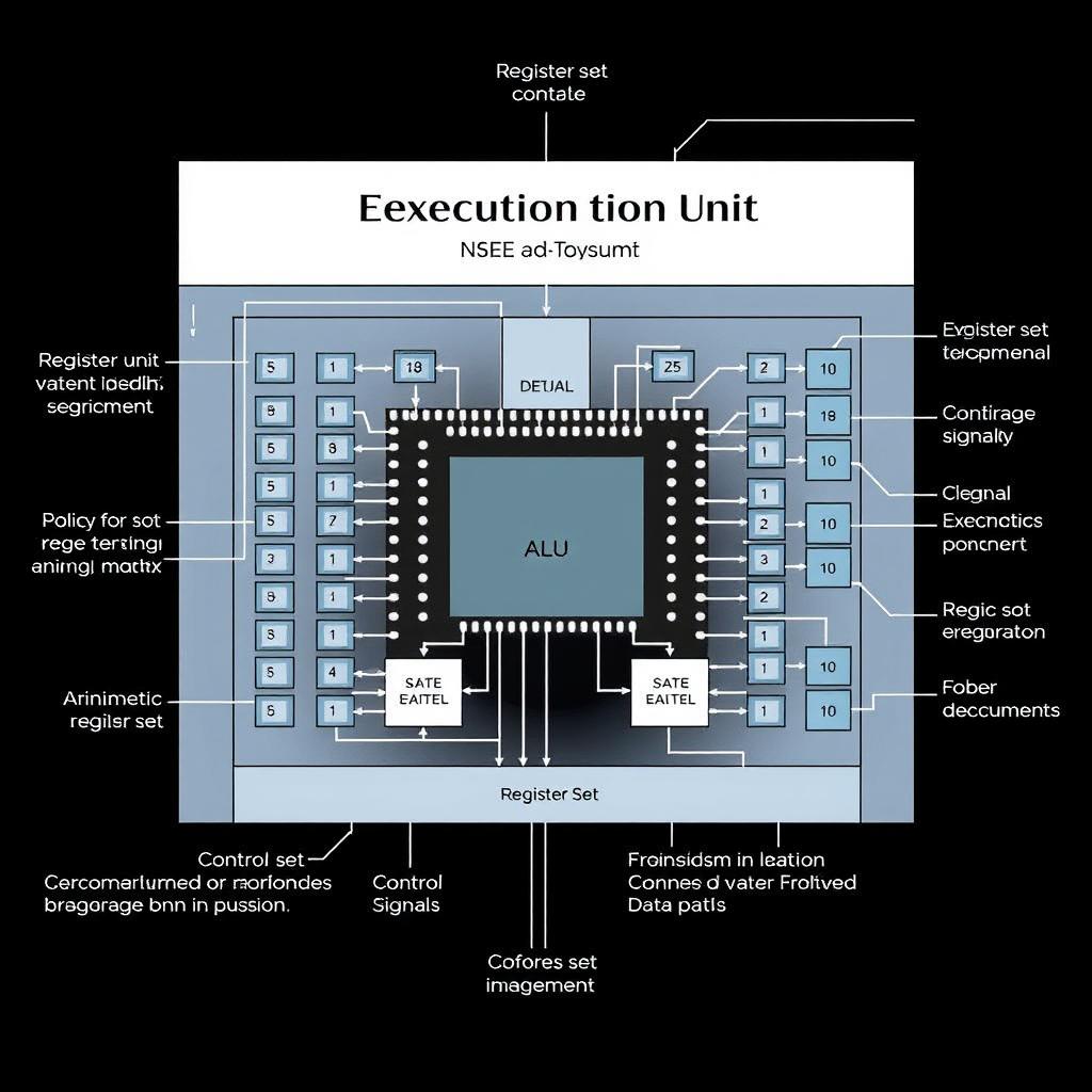 An informative diagram illustrating the contents of the execution unit in the 8086 microprocessor architecture, including detailed components such as the Arithmetic Logic Unit (ALU), register set, control signals, and data paths