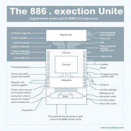 An informative diagram illustrating the contents of the execution unit in the 8086 microprocessor architecture, including detailed components such as the Arithmetic Logic Unit (ALU), register set, control signals, and data paths