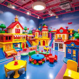 A huge playroom designed to resemble a toy city with various themed sections including a house, a restaurant, a school, a fire station, and a police station