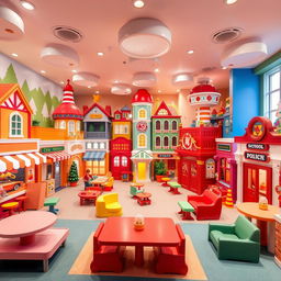 A huge playroom designed to resemble a toy city with various themed sections including a house, a restaurant, a school, a fire station, and a police station