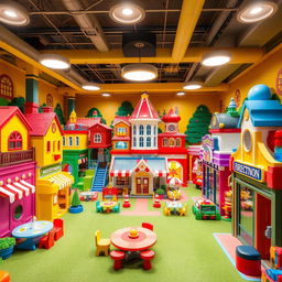 A huge playroom designed to resemble a toy city with various themed sections including a house, a restaurant, a school, a fire station, and a police station