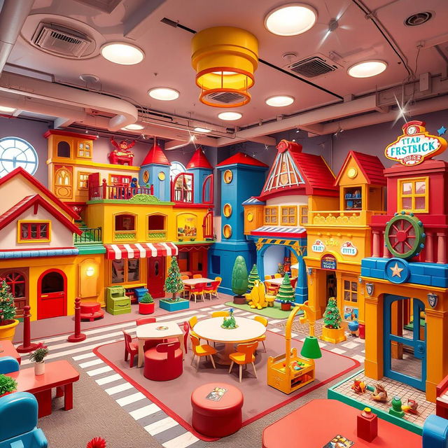 A huge playroom designed to resemble a toy city with various themed sections including a house, a restaurant, a school, a fire station, and a police station