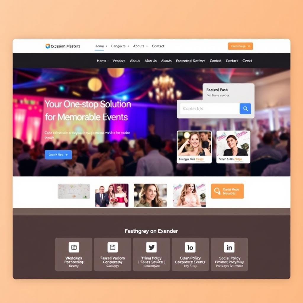A modern and sleek website design for 'Occasion Masters', an event management platform connecting local vendors with customers