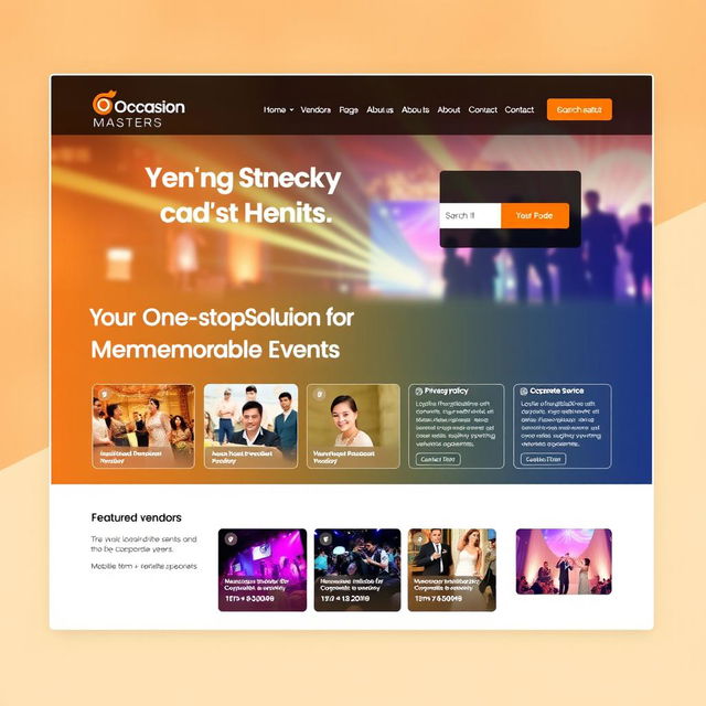 A modern and sleek website design for 'Occasion Masters', an event management platform connecting local vendors with customers