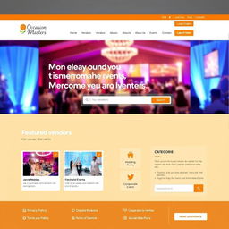 A modern and sleek website design for 'Occasion Masters', an event management platform connecting local vendors with customers