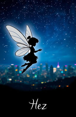 A beautiful silhouette of a little fairy with delicate wings, gracefully hovering in a starry night sky