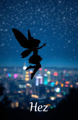 A beautiful silhouette of a little fairy with delicate wings, gracefully hovering in a starry night sky