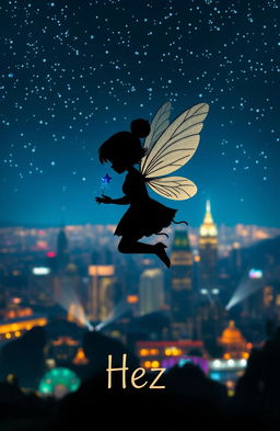 A beautiful silhouette of a little fairy with delicate wings, gracefully hovering in a starry night sky