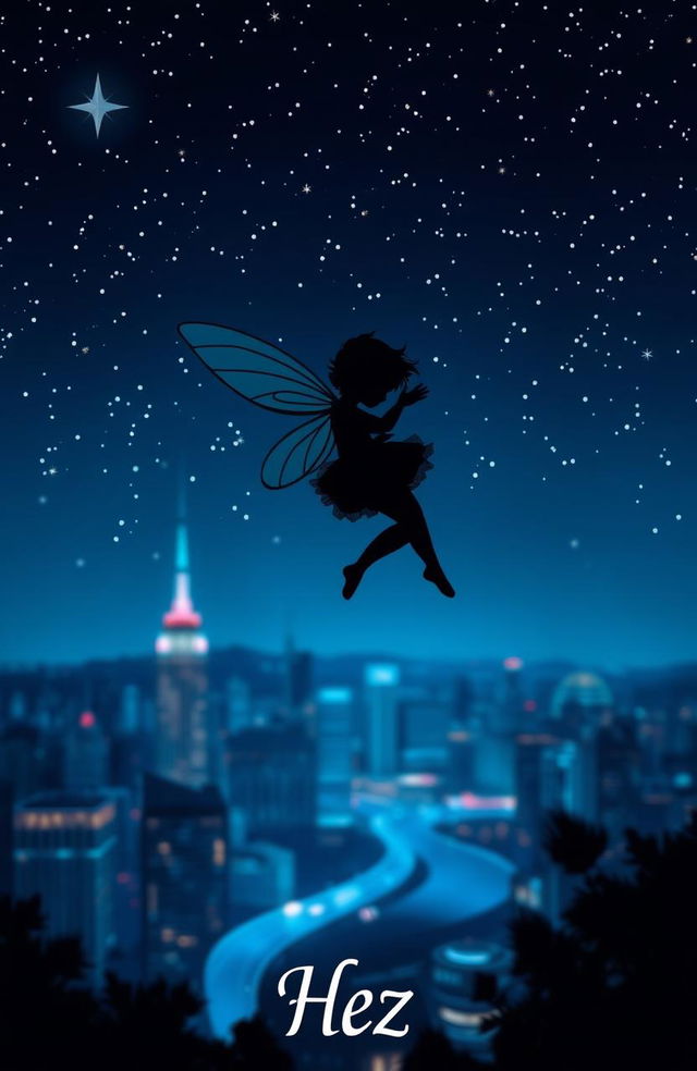 A beautiful silhouette of a little fairy with delicate wings, gracefully hovering in a starry night sky