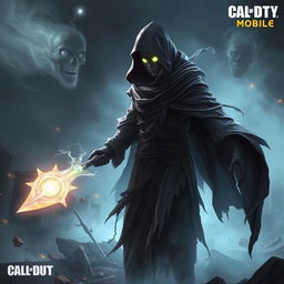 A ghostly, mystical character inspired by the Call of Duty Mobile game, featuring a shadowy, ethereal figure cloaked in tattered dark robes, holding a ghostly weapon that shimmers with a spectral light