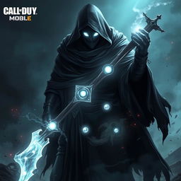 A ghostly, mystical character inspired by the Call of Duty Mobile game, featuring a shadowy, ethereal figure cloaked in tattered dark robes, holding a ghostly weapon that shimmers with a spectral light