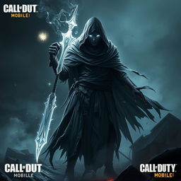 A ghostly, mystical character inspired by the Call of Duty Mobile game, featuring a shadowy, ethereal figure cloaked in tattered dark robes, holding a ghostly weapon that shimmers with a spectral light