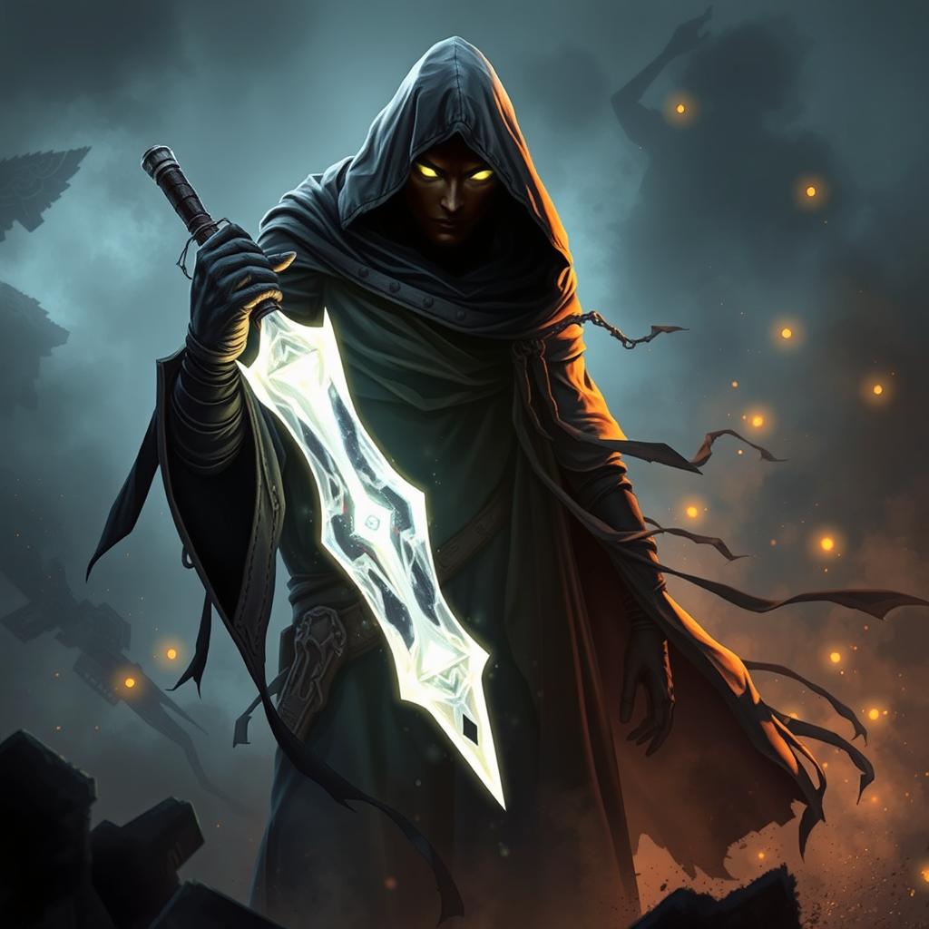 A ghostly, mystical character inspired by the Call of Duty Mobile game, featuring a shadowy, ethereal figure cloaked in tattered dark robes, holding a ghostly weapon that shimmers with a spectral light