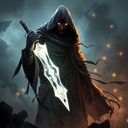 A ghostly, mystical character inspired by the Call of Duty Mobile game, featuring a shadowy, ethereal figure cloaked in tattered dark robes, holding a ghostly weapon that shimmers with a spectral light