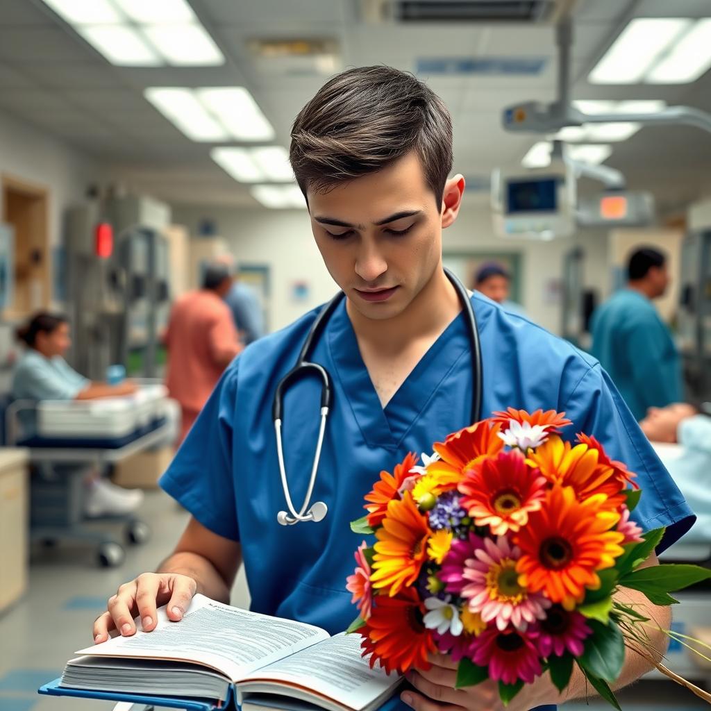 A young male emergency medicine doctor in a bustling emergency department, intently reading a Tintin's Emergency Medicine book