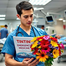 A young male emergency medicine doctor in a bustling emergency department, intently reading a Tintin's Emergency Medicine book