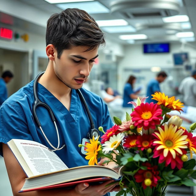 A young male emergency medicine doctor in a bustling emergency department, intently reading a Tintin's Emergency Medicine book