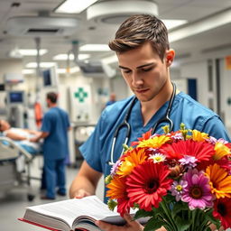 A young male emergency medicine doctor in a bustling emergency department, intently reading a Tintin's Emergency Medicine book