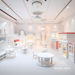 A spacious playroom designed to resemble a toy city, featuring distinct sections such as a house, a restaurant, a school, a fire station, and a police station