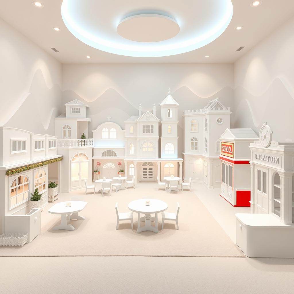 A spacious playroom designed to resemble a toy city, featuring distinct sections such as a house, a restaurant, a school, a fire station, and a police station