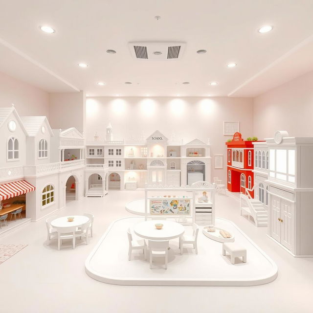 A spacious playroom designed to resemble a toy city, featuring distinct sections such as a house, a restaurant, a school, a fire station, and a police station