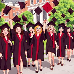 An animated scene of Harvard Business School graduation featuring a diverse group of young women in stylish and elegant graduation uniforms