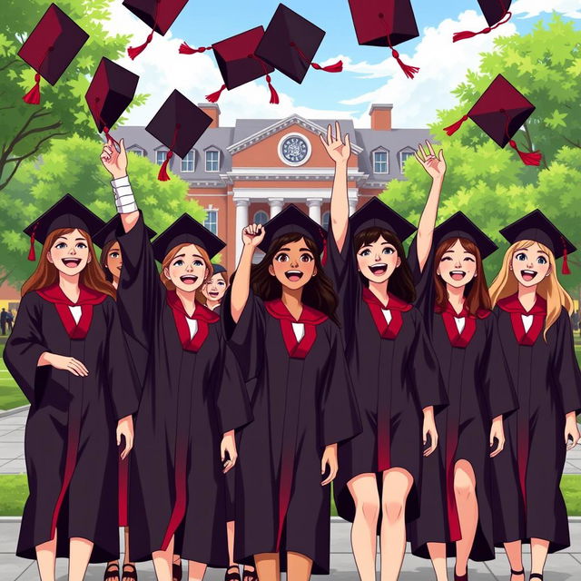 An animated scene of Harvard Business School graduation featuring a diverse group of young women in stylish and elegant graduation uniforms