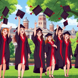 An animated scene of Harvard Business School graduation featuring a diverse group of young women in stylish and elegant graduation uniforms