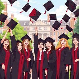 An animated scene of Harvard Business School graduation featuring a diverse group of young women in stylish and elegant graduation uniforms