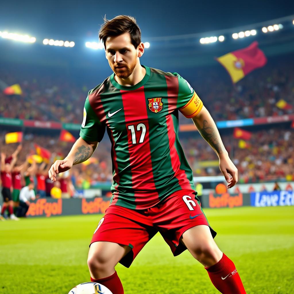 Lionel Messi wearing the Portuguese football team's jersey, showcasing his iconic playing style and determination on the field