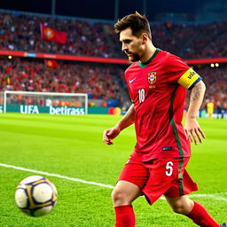 Lionel Messi wearing the Portuguese football team's jersey, showcasing his iconic playing style and determination on the field