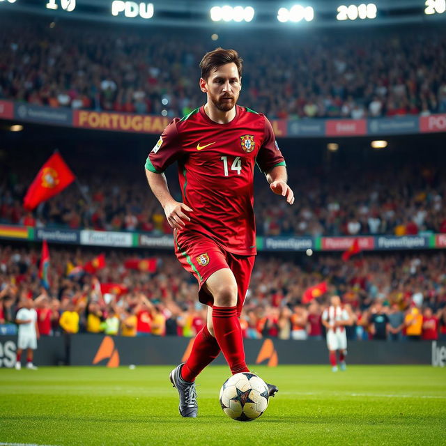 Lionel Messi wearing the Portuguese football team's jersey, showcasing his iconic playing style and determination on the field