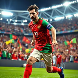 Lionel Messi wearing the Portuguese football team's jersey, showcasing his iconic playing style and determination on the field