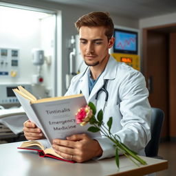 A young male emergency medicine doctor in an emergency department, sitting at a desk while reading a book titled 'Tintinalis Emergency Medicine'