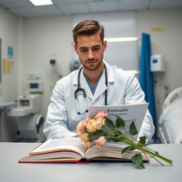 A young male emergency medicine doctor in an emergency department, sitting at a desk while reading a book titled 'Tintinalis Emergency Medicine'