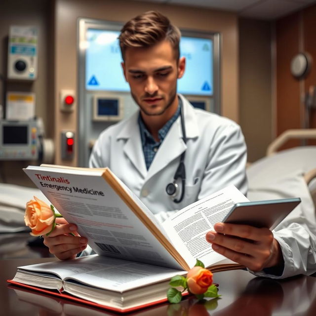 A young male emergency medicine doctor in an emergency department, sitting at a desk while reading a book titled 'Tintinalis Emergency Medicine'