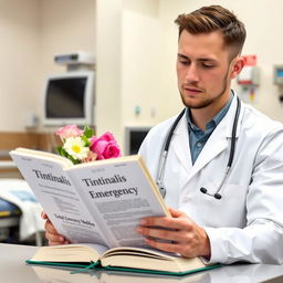 A young male emergency medicine doctor in an emergency department, sitting at a desk while reading a book titled 'Tintinalis Emergency Medicine'