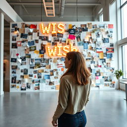 A cinematic shot of a woman standing in front of a giant wish wall installation, uniquely constructed from an array of different light signs, photographs, and drawings, creating a dynamic and colorful display