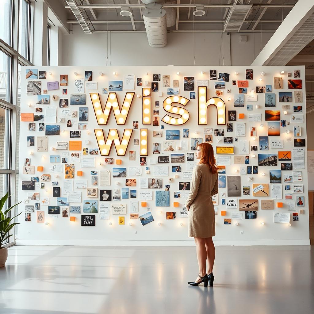 A cinematic shot of a woman standing in front of a giant wish wall installation, uniquely constructed from an array of different light signs, photographs, and drawings, creating a dynamic and colorful display