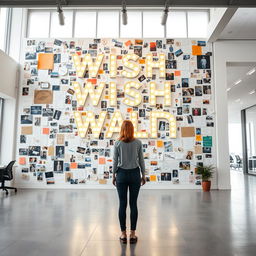 A cinematic shot of a woman standing in front of a giant wish wall installation, uniquely constructed from an array of different light signs, photographs, and drawings, creating a dynamic and colorful display