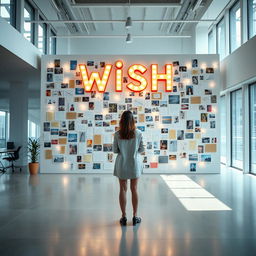 A cinematic shot of a woman standing in front of a giant wish wall installation, uniquely constructed from an array of different light signs, photographs, and drawings, creating a dynamic and colorful display